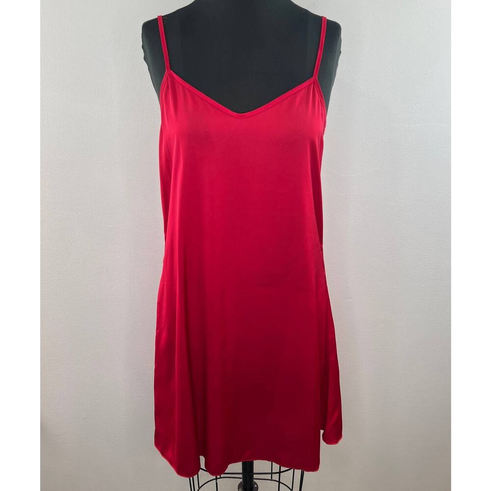 Femofit Red Satin V-Neck Slinky Sleeveless Mini Slip Sleep Dress Night Gown M